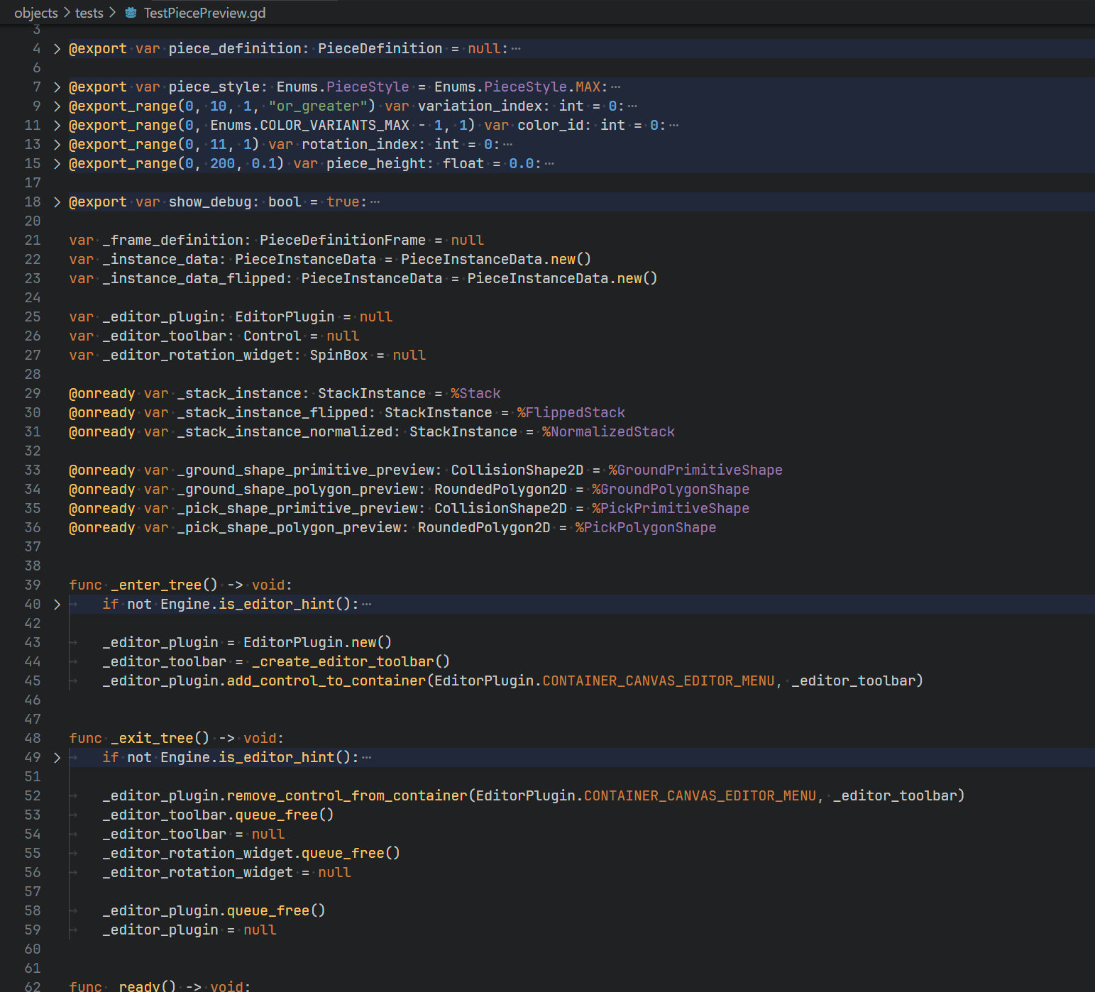 A code editor screenshot with the beginning of the script used by the test scene in question