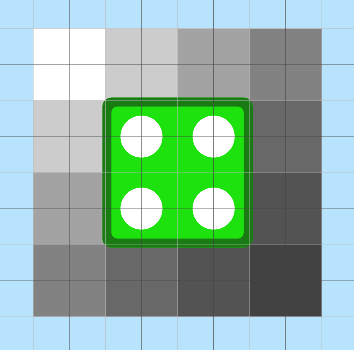 A larger green shape with 4 holes this time. Background remains blue, but directly beneath the shape there is a grid of cells, grading from white to dark gray