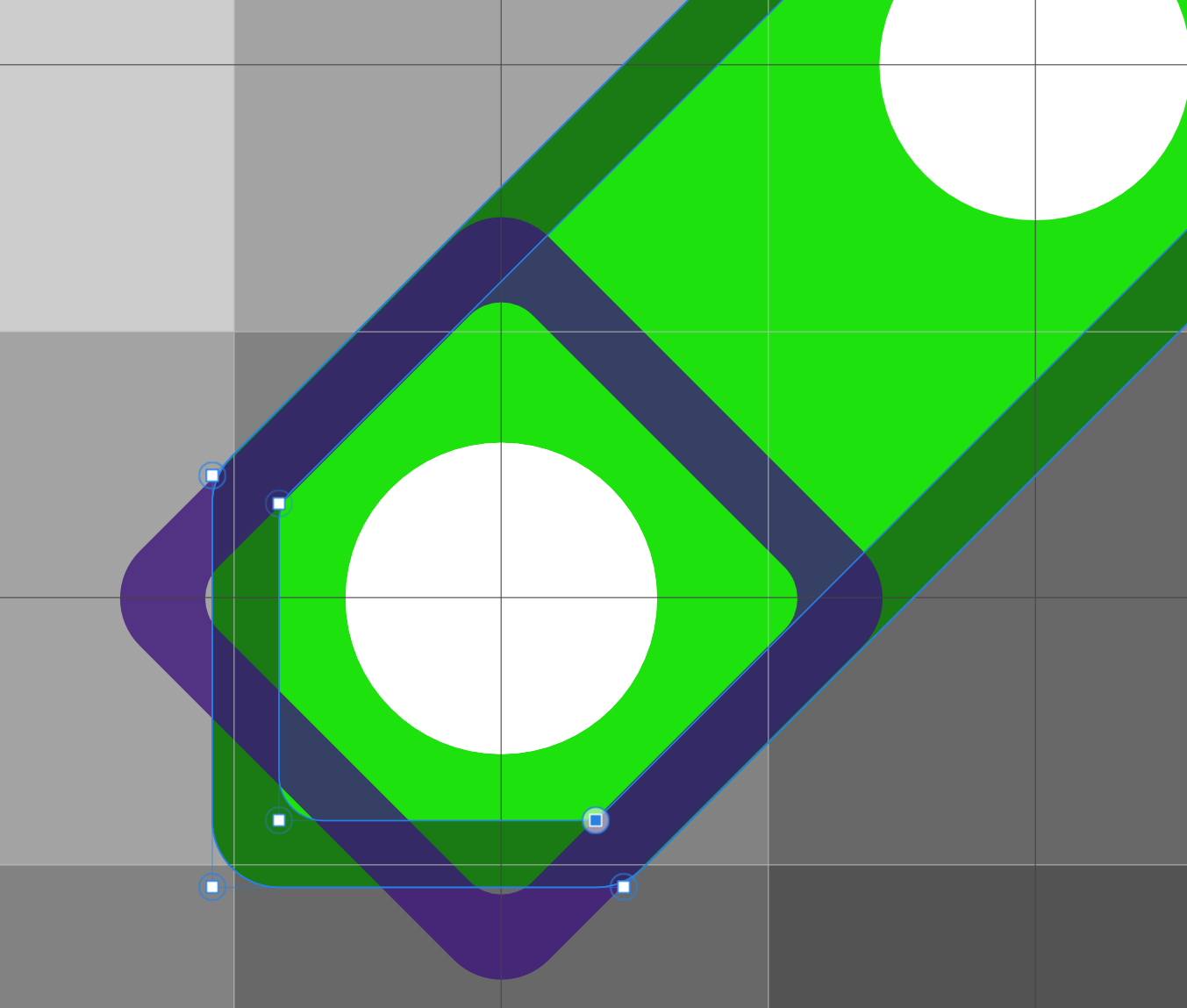 A green shape on the familiar background, with its top left and bottom right corners cut. On top of it is a purple outline, rotated 45 degrees, used for reference