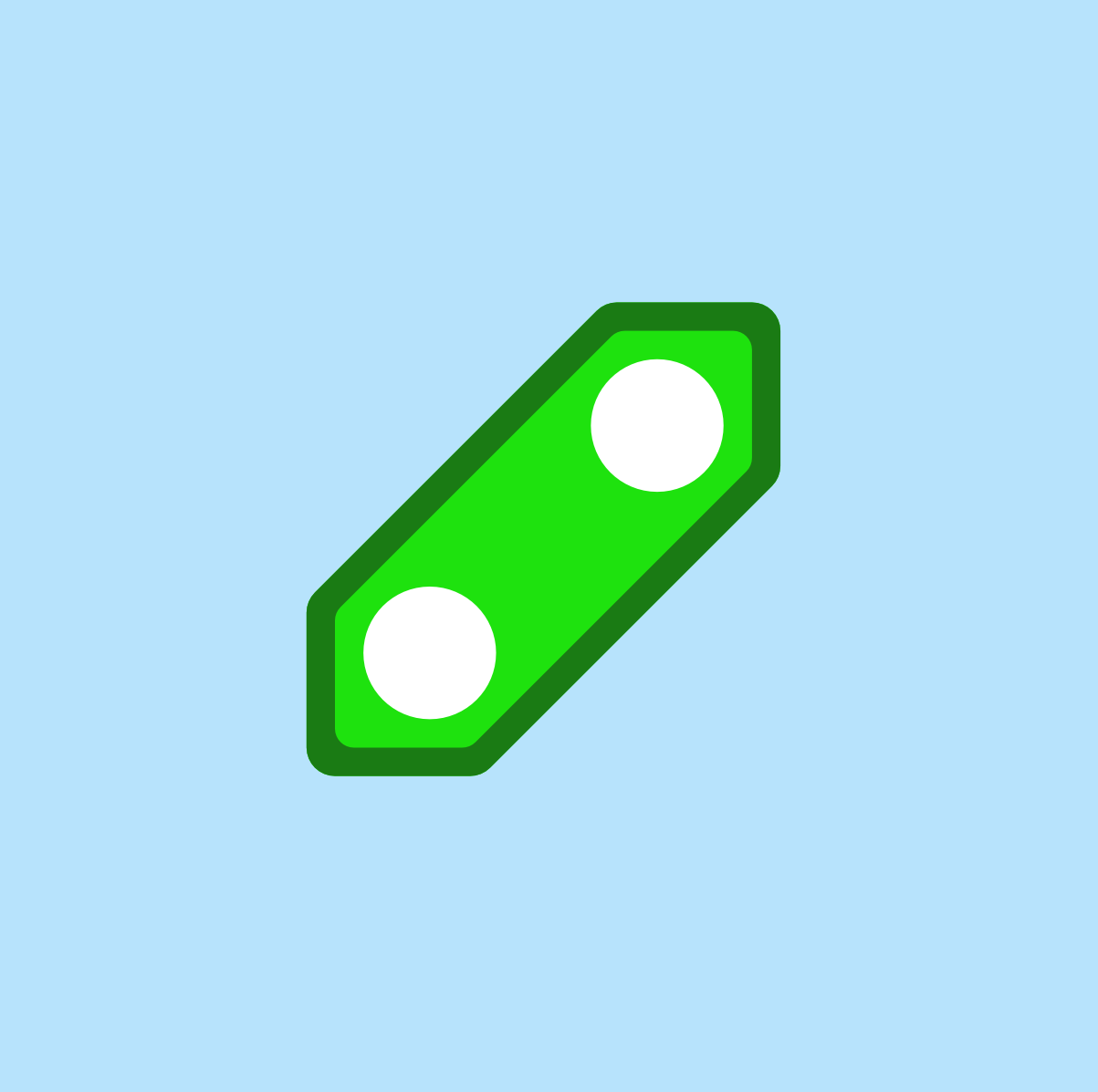 A green shape on a blue background. It's no longer square, but rather elongated along one diagonal, with pointy ends. It has 2 holes, one at each end