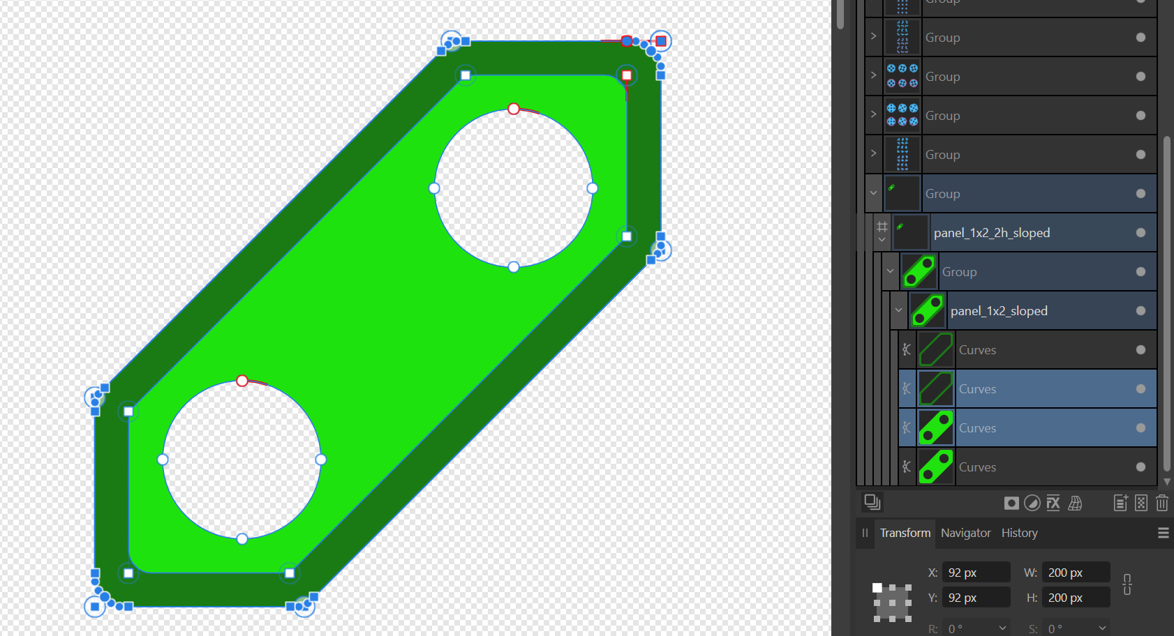 A look at the familiar green shape in Affinity Designer. Vertex editing is enabled, and two layers are highlighted in the middle