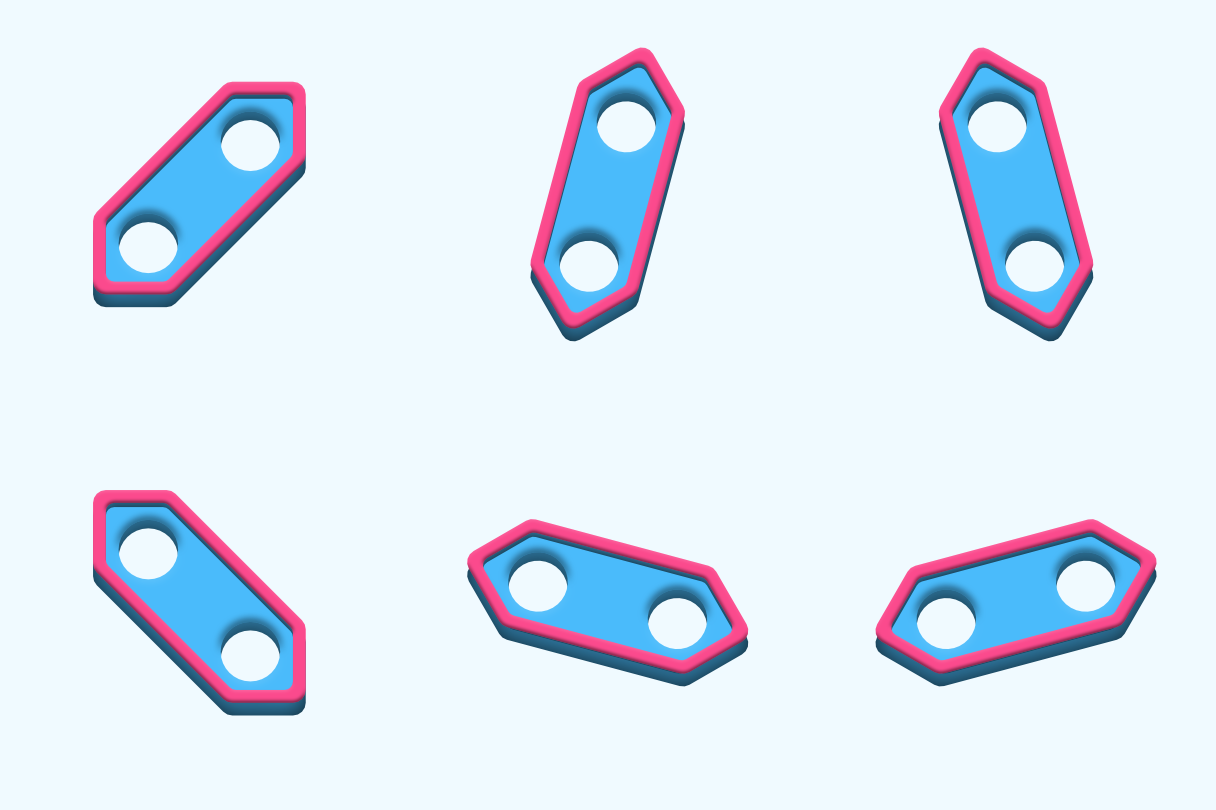 Same 6 thicker shapes, but now colored in blue and pink, with smooth shading added