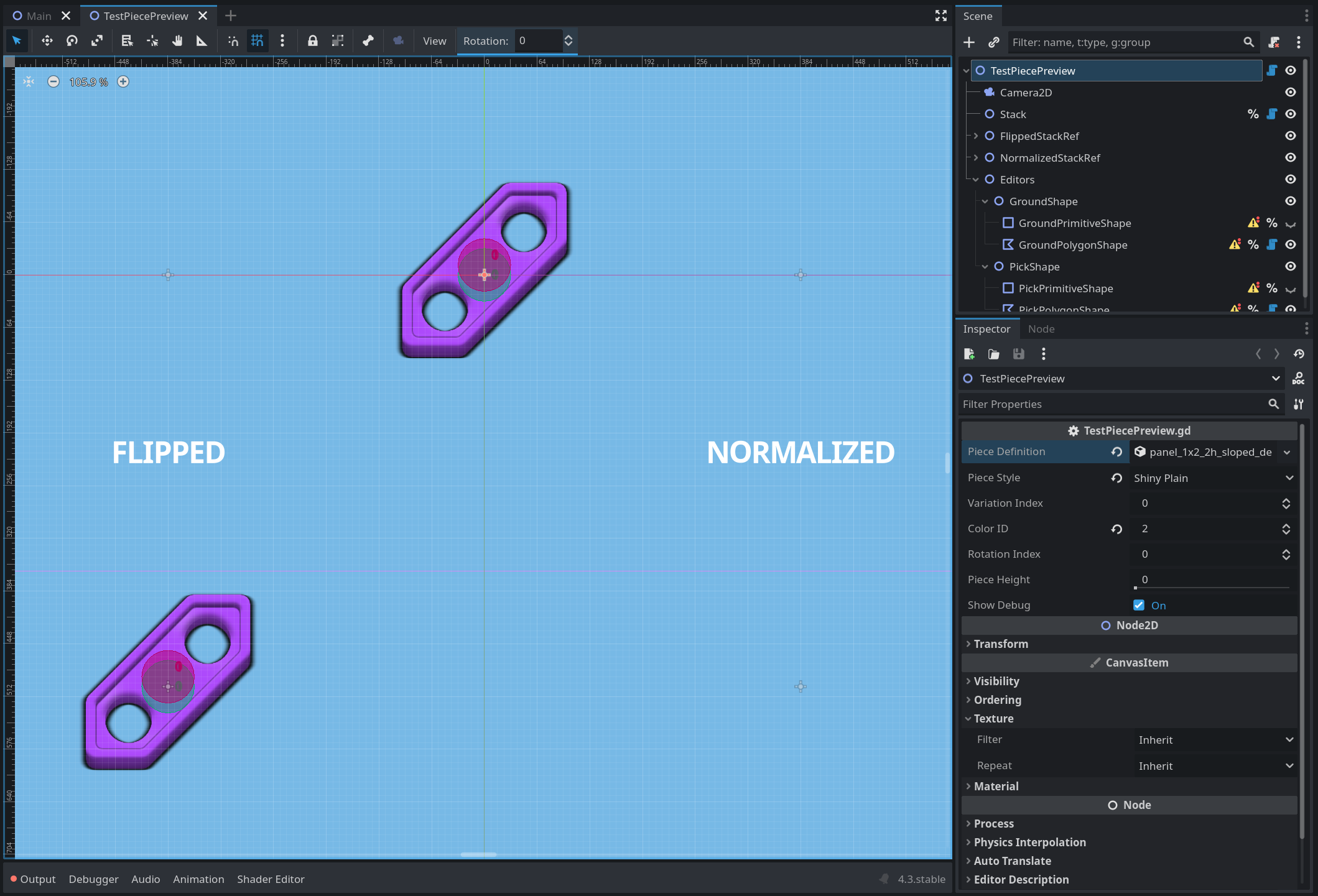 A test scene in the Godot editor used to visualize and edit piece definitions. Various runtime properties, such as rotation, are editable too for the previewing purposes. Extra debug overlays are immediately visible in the editor environment