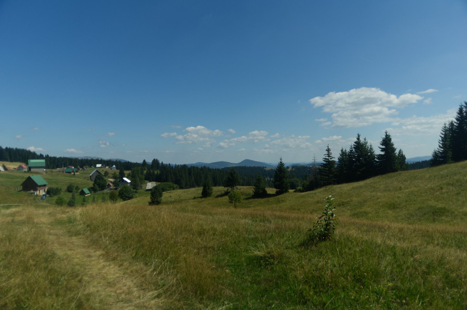 A photo of an open field with a village and a far view behind