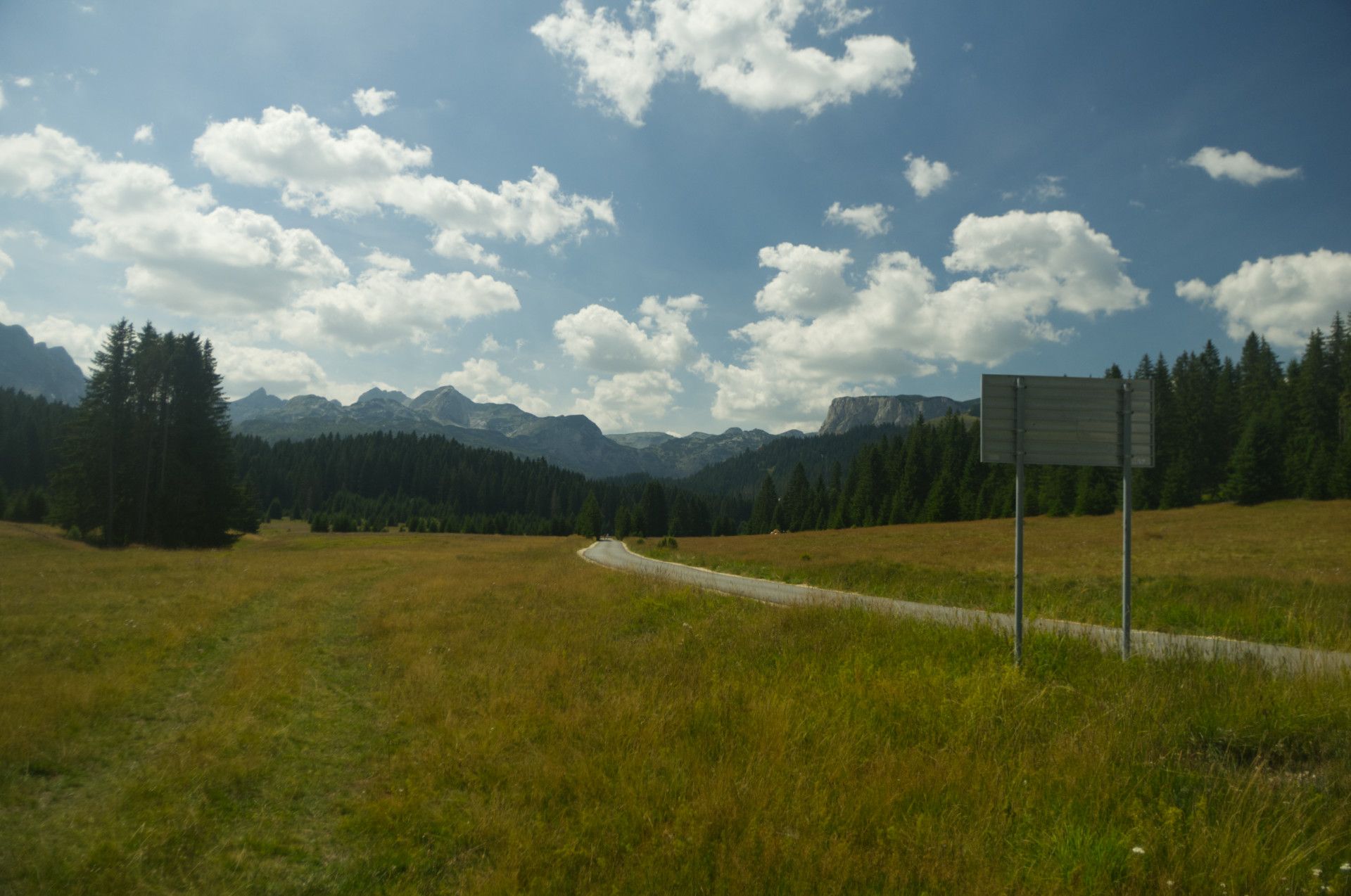 A photo of a road in a field with a mountain in the background and a backside of a road sign in front
