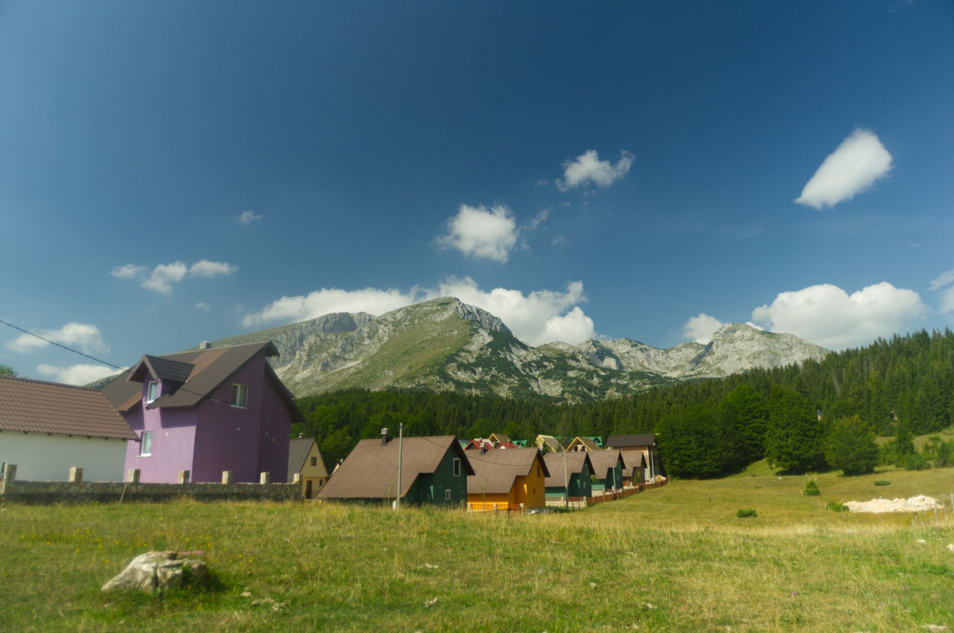 A photo of colorful houses standing in a row with a forest and a mountain peak in the background