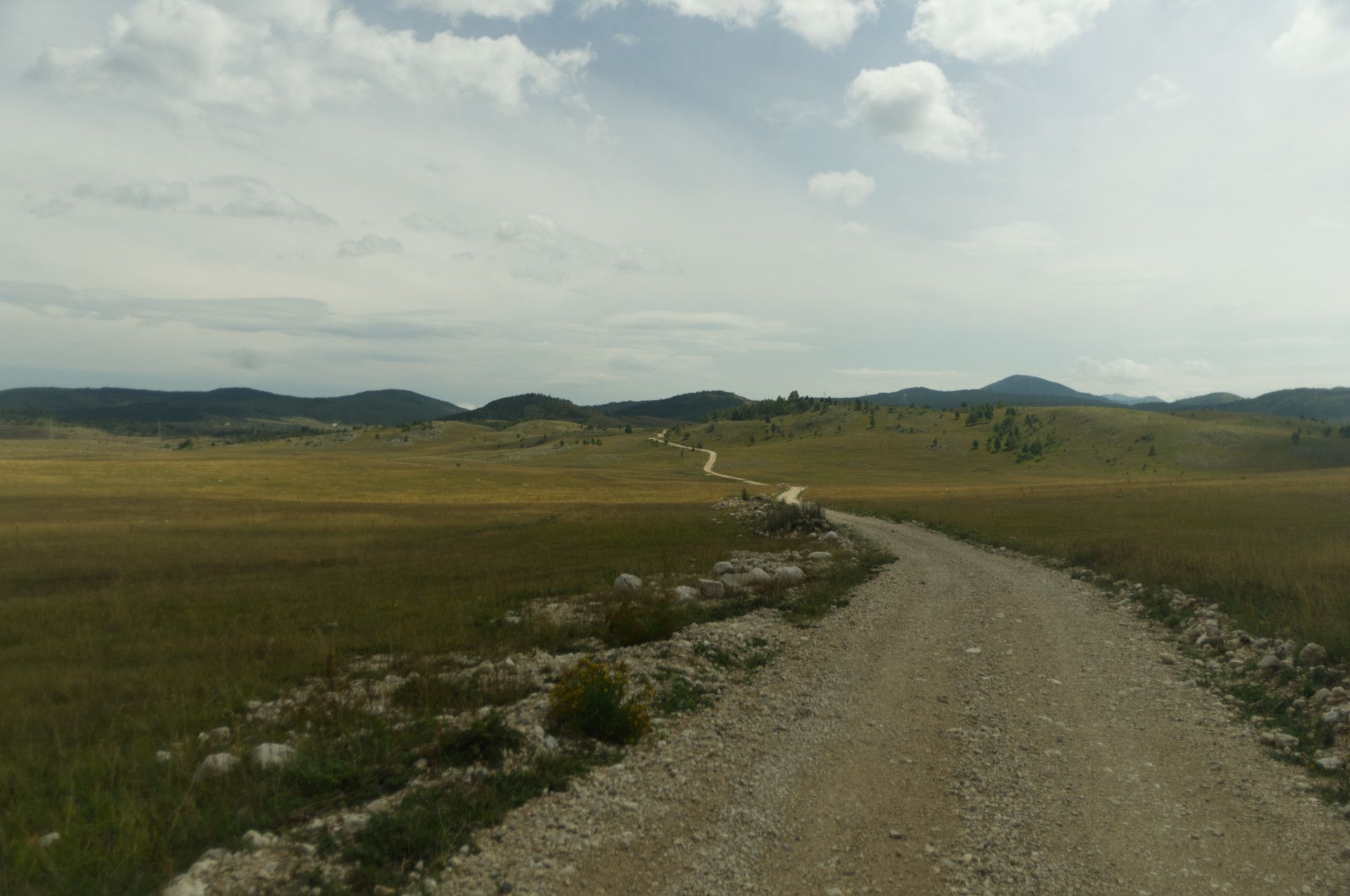 A photo of a gravel road running off into the distance among fields and hills
