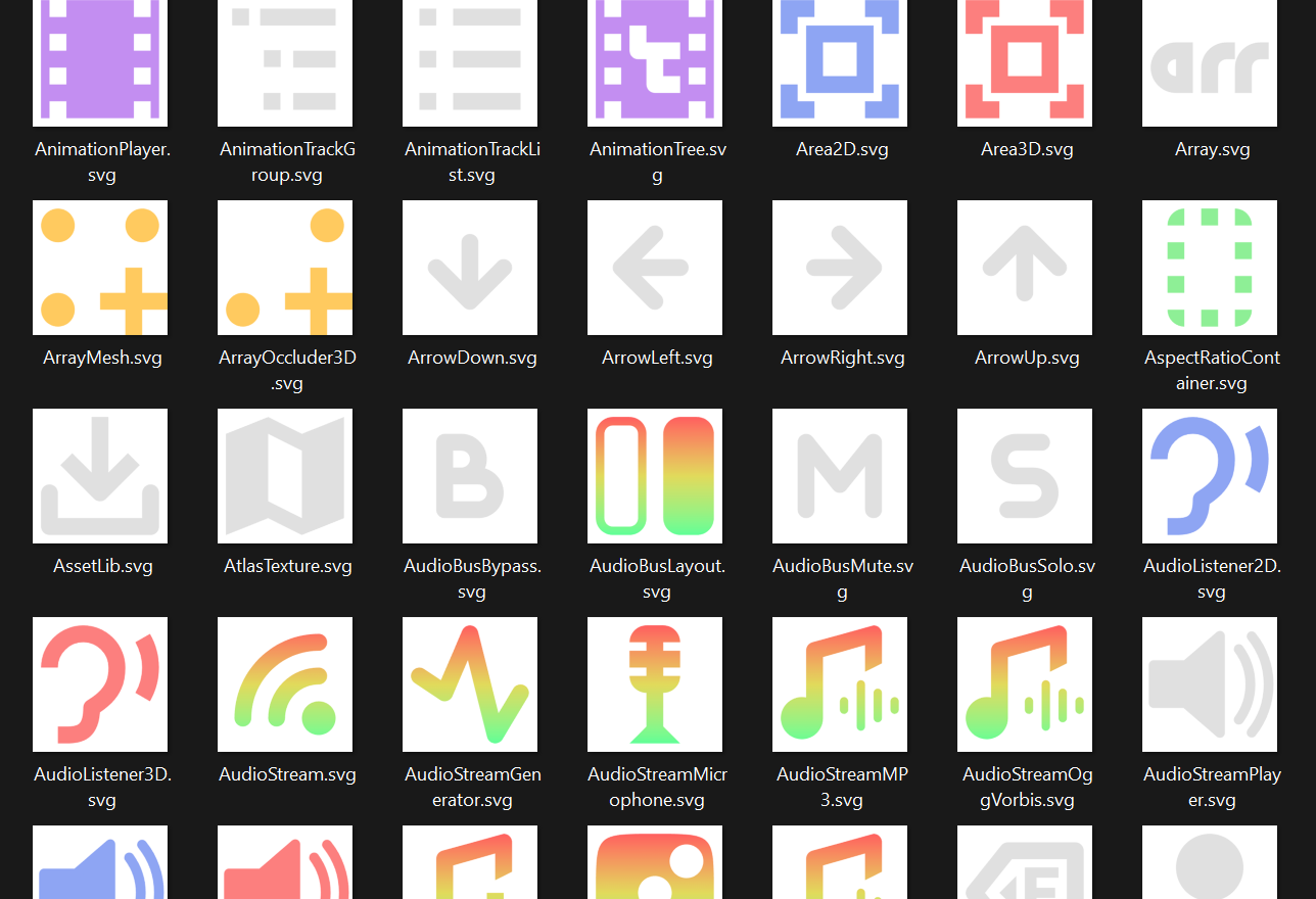 A list of editor icons in SVG with previews